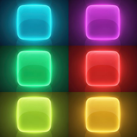 Six illuminated square buttons with rounded corners glow in a grid. Each button displays a different vibrant color against a dark background.の素材