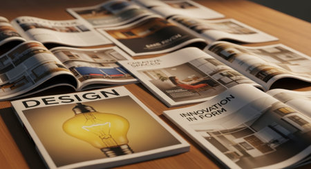 Several open magazines, some with 'DESIGN' visible, are arranged on a warm-toned wooden table, showing their pages and content.の素材