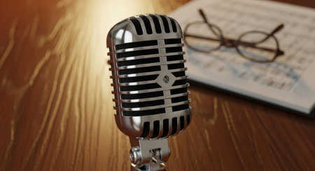 A classic silver microphone stands in focus, with sheet music and glasses blurred in the background, set against a warm wooden surface.の素材
