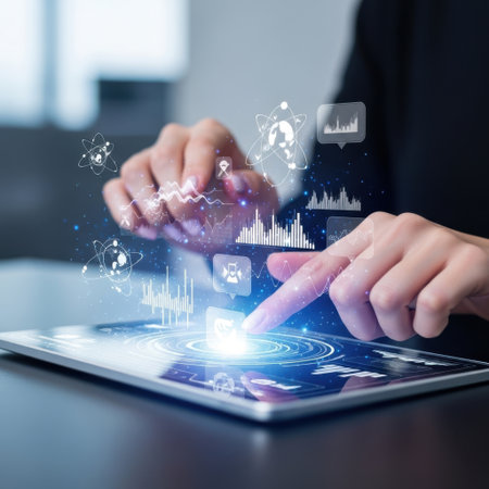 Close-up of hands touching a tablet screen displaying glowing holographic data visualizations and charts, representing digital information.の素材