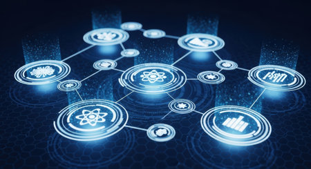 A futuristic digital network with glowing blue nodes and lines connecting various icons representing technology and data.の素材