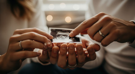 A close-up of a couple's hands holding an ultrasound image, revealing the face of their unborn baby. Both individuals wear wedding rings.の素材