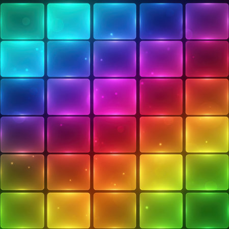 A close-up, overhead view of a grid of square lights displaying a full spectrum of rainbow colors, glowing intensely.の素材