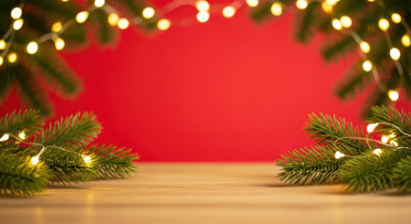 A festive scene featuring blurred fir branches with glowing fairy lights framing a vibrant red background and a wooden surface in the foreground.の素材