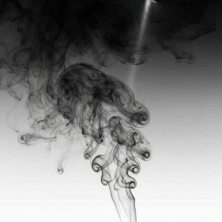 A dynamic, black smoke plume swirls and curls against a light background, creating an abstract, organic, and ethereal form.の素材