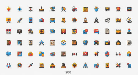 A grid of numerous small, colorful icons depicting a wide array of objects, symbols, and abstract concepts for digital use.の素材