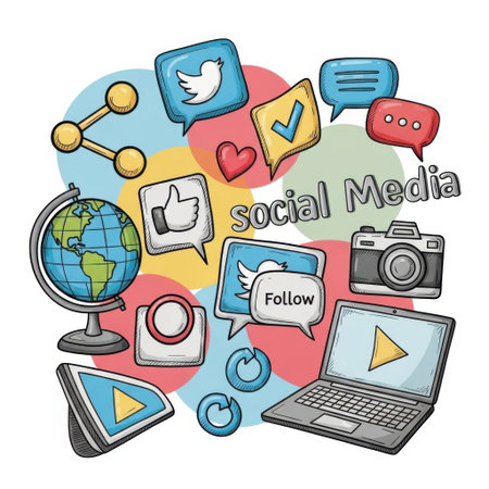 A vibrant collage of social media icons, a globe, camera, and laptop, representing global connectivity and digital communication.の素材
