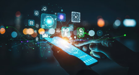 A glowing smartphone displays a vibrant, holographic interface with various digital icons and data visualizations, set against a bokeh background.の素材