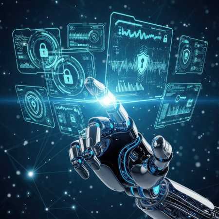 A metallic robotic hand touches a glowing blue holographic interface displaying complex data and digital elements against a starry background.の素材