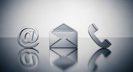 Three transparent glass icons representing email, phone, and the at symbol are displayed on a reflective surface with a soft gradient background.の素材
