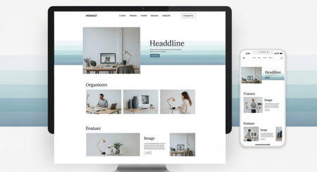 A clean and modern website design is showcased on a tablet and a smartphone, highlighting responsive web development and user interface.の素材