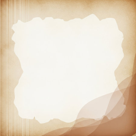 A square image featuring a central area of torn, bright white paper with a textured, faded brown background and subtle light flares.の素材