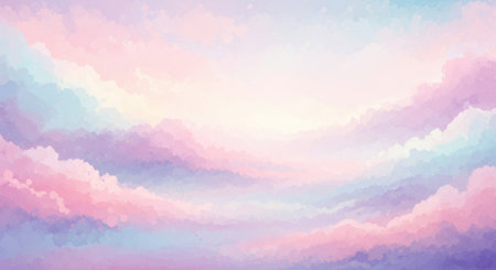 A serene and ethereal sky painted with soft pastel colors, featuring fluffy clouds bathed in a warm, gentle light.の素材