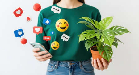 A person in a green sweater decorated with emojis holds a phone and a potted plant. Social media icons float around them.の素材
