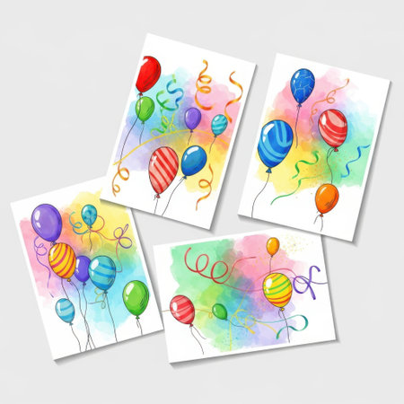 A collection of four watercolor greeting cards featuring colorful balloons, streamers, and confetti, perfect for birthdays and other festive occasions.の素材