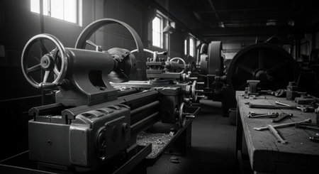 A black and white photograph of an old metalworking lathe with large wheels, set in a workshop with tools on a workbench.の素材