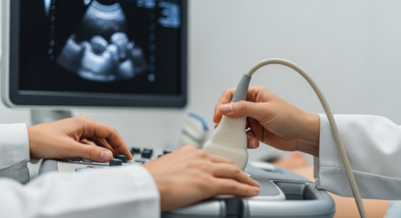 Close-up of hands operating an ultrasound machine, with a fetus image displayed on the monitor.の素材