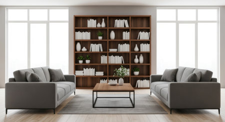 A spacious, well-lit living room featuring a tall wooden bookshelf filled with books and decorative items, flanked by two comfortable sofas and a central coffee table.の素材