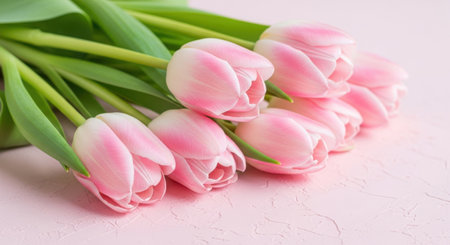 A delicate bouquet of soft pink tulips with vibrant green stems rests on a pale pink surface, creating a gentle and elegant floral arrangement.の素材