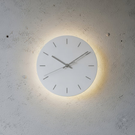 A minimalist white analog wall clock with subtle blue hour markers, illuminated by a warm, soft backlight against a textured concrete wall.の素材