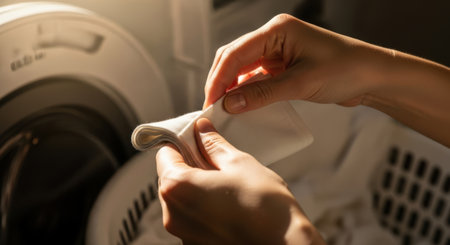 Close-up of hands carefully folding a white garment next to a laundry basket and washing machine.の素材