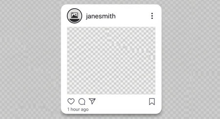 A clean, white Instagram post template on a transparent background, ready for content. Includes profile, username, and social media icons.の素材