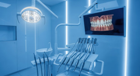 A contemporary dental treatment room featuring a dentist's chair, examination light, and a screen displaying a 3D model of human teeth.の素材