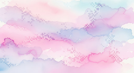A gentle abstract watercolor background featuring blended pastel shades of pink, blue, and hints of purple. The texture is soft and diffused.の素材