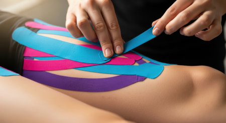 Close-up of hands applying vibrant pink, blue, and purple athletic tape to a person's leg for support and recovery.の素材