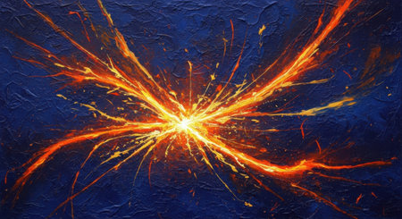 A vibrant, abstract depiction of a powerful explosion or energy release, with bright orange and yellow streaks radiating outwards against a deep blue backdrop.の素材