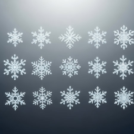 A grid of fifteen distinct, detailed, and translucent snowflake illustrations in varying sizes and patterns against a softly lit gray backdrop.の素材
