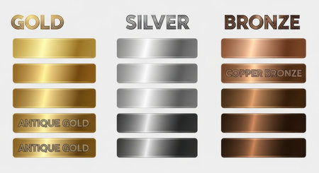 A visual representation of various metallic textures and finishes for gold silver and bronze metals, showing different shades and reflectivity.の素材