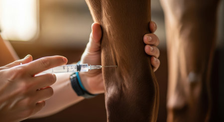 A close-up shot of a veterinarian's hands giving an injection to a horse's leg, with warm light filtering in.の素材