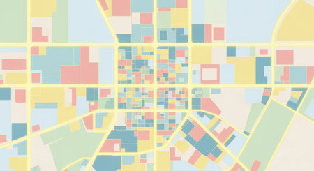 A stylized, top-down view of a city grid with colorful blocks and intersecting streets, rendered in soft pastel hues.の素材