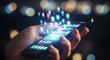 A close-up shot of a hand holding a smartphone with a vibrant, glowing display of digital information and charts against a bokeh background.の素材