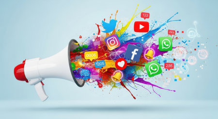 A white megaphone blasts a vibrant explosion of social media logos and colorful paint against a light blue background, symbolizing digital communication.の素材