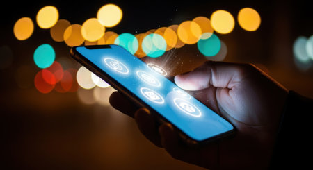 A close-up shot of a hand holding a smartphone displaying bright, glowing icons against a bokeh background of city lights.の素材