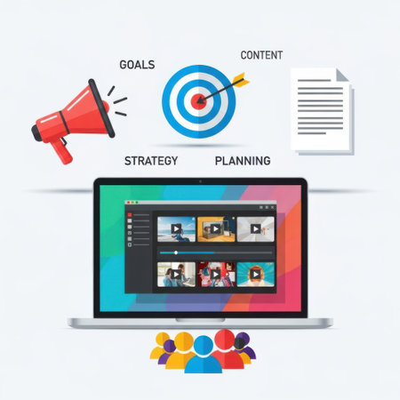 A visual representation of digital marketing strategy, including goals, planning, and a team working together on a laptop with video content.の素材