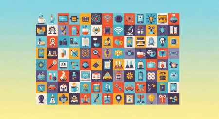A colorful grid displays a wide array of modern digital devices, app icons, and user interface elements on a gradient background.の素材
