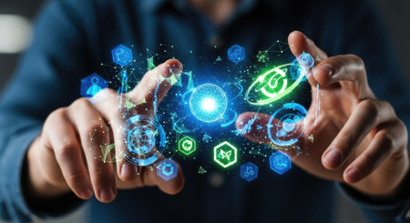 A close-up shot of hands interacting with a vibrant, glowing digital interface filled with futuristic icons and data visualizations.の素材