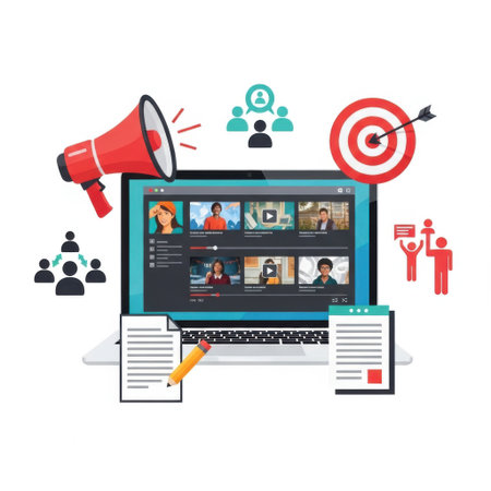 Illustration of digital marketing concepts including online meetings, advertising, goal setting, and team collaboration for business success.の素材