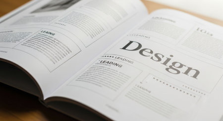 A close-up shot of an open magazine with the word 'Design' prominently displayed on the right page. Text and graphics fill the left page.の素材