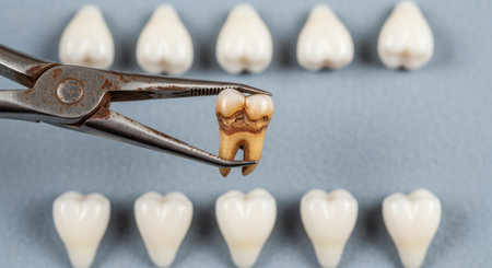 A close-up shot shows dental extraction pliers holding a decayed tooth, with rows of healthy teeth arranged above and below.の素材