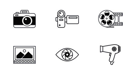 Six simple, hand-drawn icons representing a camera, camcorder, film reel, photograph, eye with aperture, and a hairdryer.の素材