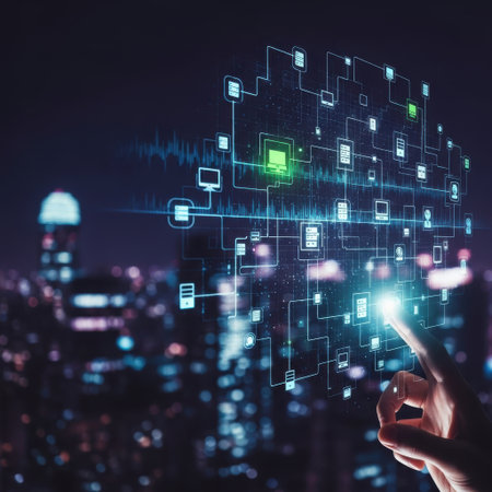 A glowing digital network connects icons and data points, superimposed over a blurred, illuminated city skyline at dusk.の素材