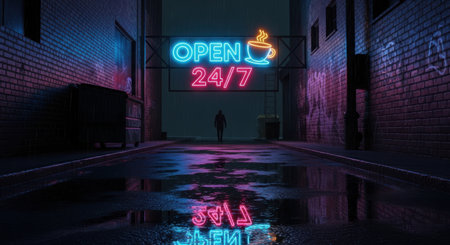 A glowing neon sign reading 'OPEN 24/7' with a coffee cup illuminates a dark, wet alleyway, casting colorful reflections on the ground.の素材