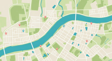 A stylized, abstract map of a city featuring a prominent blue river winding through urban areas and interspersed green parks.の素材