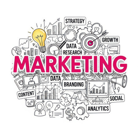 A vibrant doodle art illustration showing various marketing concepts like strategy, growth, data, and branding, centered around the word MARKETING.の素材
