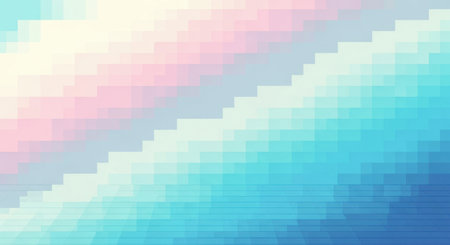 A digital abstract background with a pixelated gradient transitioning from soft pink and yellow to cool blue and teal tones.の素材