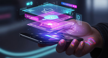 A hand holds a smartphone from which a vibrant, multi-layered holographic interface glows with digital icons and data visualizations.の素材